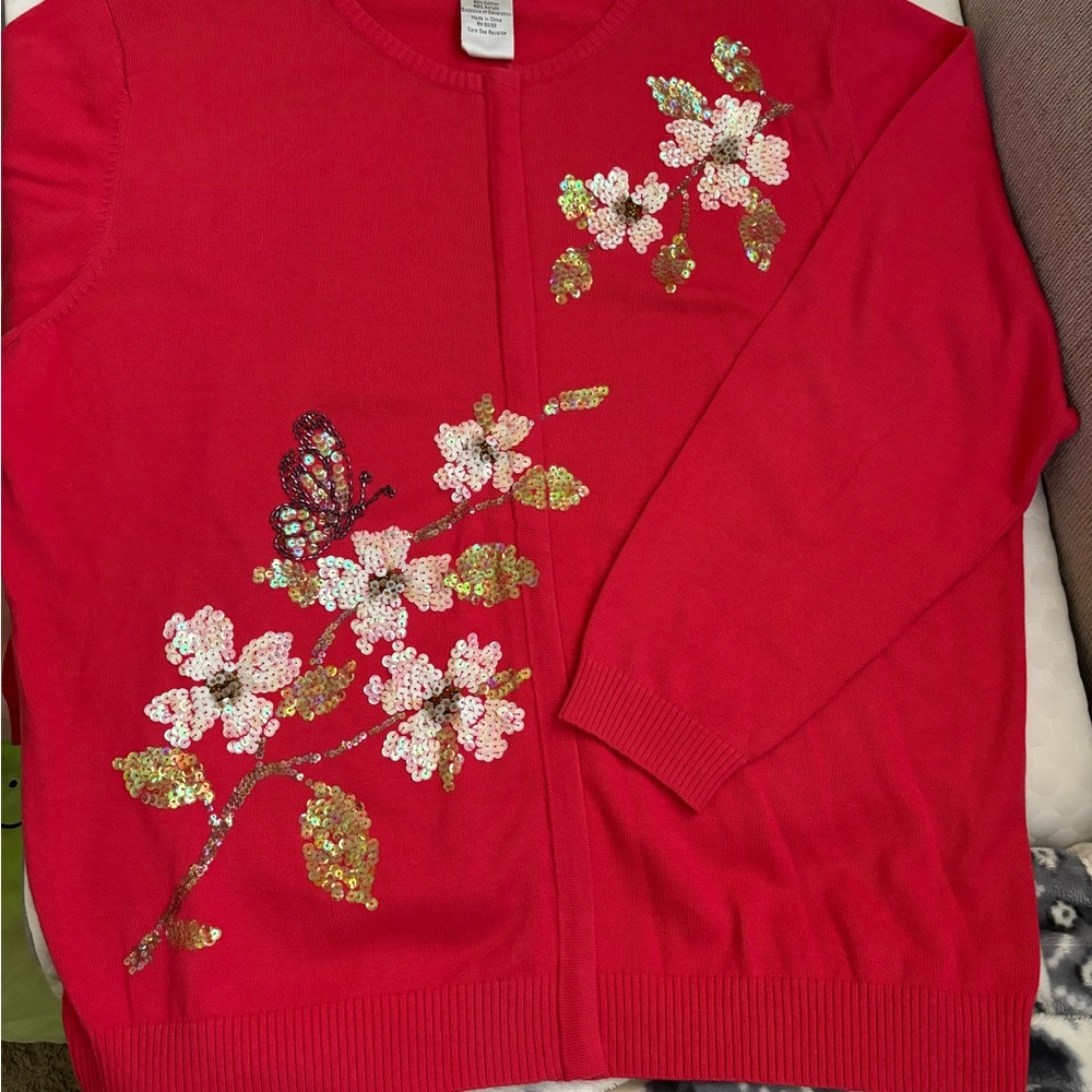 Quacker Factory Cardigan Size 1X Coral Sequin Embellished Sweater Jewel Zipper - Picture 4 of 8